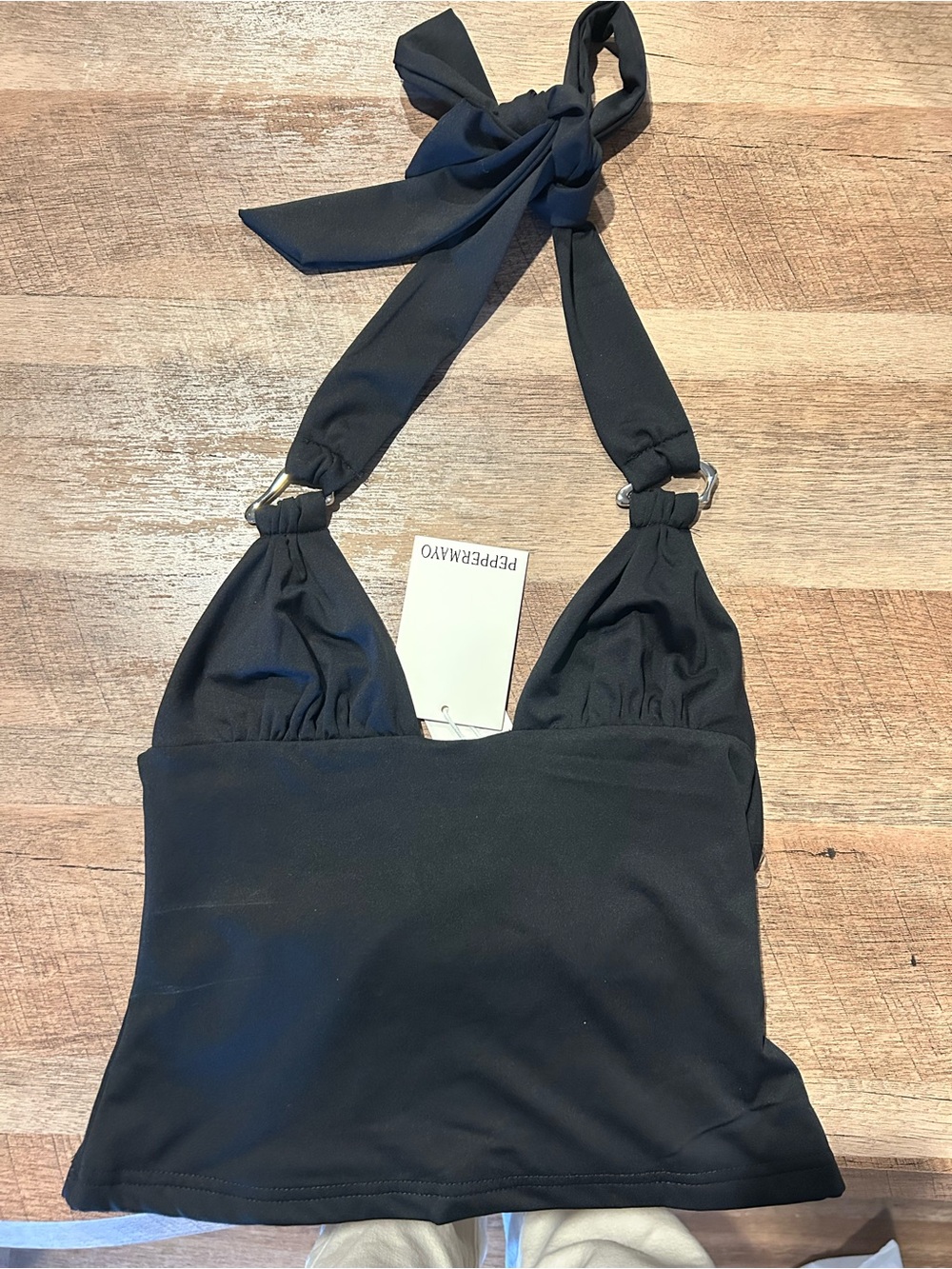 Peppermayo Black Halter Top with Ring Accents